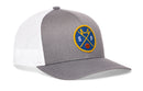 Introducing the Haka Hat San Francisco Basketball Trucker Hat | SF X Snapback by Haka Hat—a gray and white mesh trucker cap adorned with a round blue and yellow patch featuring “SF,” a basketball, and a stylized bridge, making it the perfect choice for fans seeking the ultimate San Francisco basketball trucker hat.