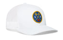 Show your support for San Francisco basketball with the Haka Hat San Francisco Basketball Trucker Hat | SF X Snapback by Haka Hat—a classic white mesh snapback cap featuring a round blue and yellow patch on the front with a bridge, crossed lines, a small basketball, and the letters S and F. Perfect for fans of the city’s teams.