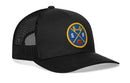 The Haka Hat San Francisco Basketball Trucker Hat | SF X Snapback by Haka Hat features a black trucker style with a mesh back and a blue and yellow patch on the front, showcasing the SF letters, bridge design, and a small basketball—perfect for fans wanting to show their San Francisco pride in style.