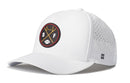 Introducing the Haka Hat San Francisco Football Performance 5-Panel Hat—a black SF X Flexfit snapback by Haka Hat. This baseball cap showcases a round patch featuring golden bridge towers, crossed bats, a football, and the S and F letters—making it the perfect hat for San Francisco football fans. Designed with small ventilation holes on the side and a subtle H logo, this water repellent hat offers both style and practicality.