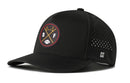 The Haka Hat San Francisco Football Performance 5-Panel Hat in black features a round patch displaying the Golden Gate Bridge, S and F letters, crossed oars, and a small football. This Flexfit snapback from Haka Hat offers adjustable comfort, a breathable mesh back with small holes, and is finished with a subtle H logo on the side.