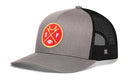Introducing the Haka Hat San Francisco Trucker Hat | Black SF X Football Snapback from Haka Hat—a stylish and comfortable hat featuring a solid gray front with a black mesh back. Showcasing a bold red and yellow circular SF patch with crossed bridges and a football, this HAKA Signature 5.0 is perfect for any fan of San Francisco or football snapbacks.