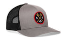 Introducing the Haka Hat San Francisco Football Trucker Hat | Black SF X Snapback—a gray and black mesh trucker baseball cap by Haka Hat, featuring a round SF X embroidered patch with a football and golden bridge design on the front, making it the perfect San Francisco Football Trucker Hat.