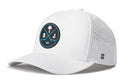 The Haka Hat San Jose Hockey Performance 5-Panel Hat | SJ X Flexfit Snapback by Haka Hat is a white cap featuring a round logo with crossed hockey sticks, a puck, a palm tree, and the letters S and J in bold black, teal, and white. Designed for comfort, this Flexfit snapback includes perforated sides for enhanced breathability and displays a small H logo—making it an ideal choice for fans who value both style and performance.