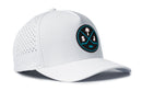 Introducing the Haka Hat San Jose Hockey Performance 5-Panel Hat | SJ X Flexfit Snapback by Haka Hat. This white snapback features a stitched black circular logo with two crossed teal hockey sticks, a palm tree, and the initials S and J. Designed for comfort, it also includes small ventilation holes on the sides.