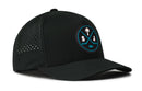 The Haka Hat San Jose Hockey Performance 5-Panel Hat | SJ X Flexfit Snapback by Haka Hat is a black baseball cap featuring a round logo on the front with a palm tree, two crossed hockey sticks, and the letters S and J. Designed as a San Jose hockey hat, this Flexfit snapback also includes small ventilation holes on the sides for added comfort.