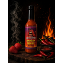 A bottle of Scott’s Smoked Q Bangin’ Berry Strawberry Habanero BBQ Sauce sits on a dark table, surrounded by strawberries and red chili peppers, with flames and smoky wisps swirling in the background. This sweet and spicy sauce from Scott’s Smoked Q blends the bold flavors of strawberry habanero BBQ with smoky chipotle notes, making it as exciting to taste as it is striking to behold.
