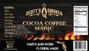 Here’s a rewritten version of your sentence using the provided product data: Label for Scott’s Smoked Q Cocoa Coffee Magic Dry Rub for Brisket, Steak and BBQ, showcasing ingredients, nutrition facts, and “Maryland Born, Florida Made” text alongside state outlines. The design features a woodgrain background with smoke accents to highlight this unique cocoa coffee dry rub—a perfect brisket seasoning and versatile BBQ blend from Scott’s Smoked Q.
