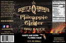 Label for Scott’s Smoked Q Pineapple Ginger Sauce Tropical Glaze, Marinade & Dip, 12 fl oz, highlighted with vibrant pineapple and ginger imagery. This tropical sauce features nutrition facts, serving suggestions—ideal as a sweet and tangy marinade—and a map of Florida bearing the phrase: Maryland Born, Florida Made.