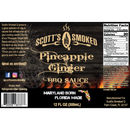 Label for Scott’s Smoked Q Pineapple Ginger Sauce Tropical Glaze, Marinade & Dip, 12 fl oz, highlighted with vibrant pineapple and ginger imagery. This tropical sauce features nutrition facts, serving suggestions—ideal as a sweet and tangy marinade—and a map of Florida bearing the phrase: Maryland Born, Florida Made.