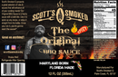 A bottle label for Scott’s Smoked Q The Spicy Original Sweet Garlic BBQ Sauce with Heat, featuring a bearded man, a flame, nutrition facts, a Florida map, and marketing text on a wood-textured background. This bold barbecue sauce from Scott’s Smoked Q combines classic spicy BBQ flavor with sweet garlic notes and smoky heat for an irresistibly mouthwatering Southern taste.