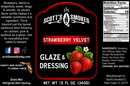 Label for Scott’s Smoked Q Strawberry Velvet Strawberry Glaze & Dressing, featuring fresh strawberries, nutrition facts, and an ingredients list on a sleek black background with bold red and white accents. This versatile glaze from Scott’s Smoked Q offers a perfect balance of sweet and tangy flavors—ideal for drizzling as a strawberry dressing or glazing your favorite dishes.