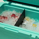 Seafoam 50-quart cooler by Bison filled with ice and assorted drinks, separated by a dark divider.
