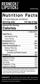 Nutrition facts label for Redneck Lipstick 3-Pack Smoky Sweet & Spicy Seasoning Blend, a smoky sweet & spicy all-purpose seasoning from Redneck Lipstick. Perfect for any dish as a BBQ rub or flavorful addition to your favorite meals. Serving size: 3/4 tsp (2.5g), 5 calories, 0g fat, 350mg sodium, 1g carb, and 0g sugar. Ingredients listed.