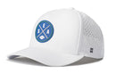 The Haka Hat Seattle Football Performance 5-Panel Hat features a white design with a blue and green circular SEA logo with sports symbols on the front, small ventilation holes on the back half, and comes in a royal blue SEA X Flexfit Snapback style.