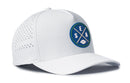 Introducing the Haka Hat Seattle Football Performance 5-Panel Hat—a royal blue SEA X Flexfit snapback by Haka Hat. This sporty hat features a white performance fabric with a round patch in blue, green, and white on the front, showcasing crossed lines with the letters S, E, A and a small football at the center—making it the perfect choice for Seattle football fans who value both style and comfort.