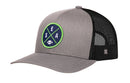 Here’s a rewritten version of your sentence using the provided product data: The Haka Hat Seattle Trucker Hat | Black SEA X Football Snapback by Haka Hat features a gray and black design with a breathable black mesh back and a solid fabric front, accented by a green and blue circular SEA football logo—offering athletic style and everyday comfort.