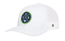 Introducing the Haka Hat Seattle Trucker Hat | Black SEA X Football Snapback by Haka Hat—a sleek black mesh baseball cap featuring a round blue and green SEA logo patch with a football and crossed lines on the front. Part of the HAKA Signature 5.0 series, this trucker hat combines classic style with modern comfort, making it a standout addition to any sportswear collection for everyday wear.