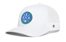 Introducing the Haka Hat Seattle Football Trucker Hat—a Royal Blue SEA X Snapback by Haka Hat. This white mesh trucker baseball cap features a round blue and green patch on the front, displaying crossed lines, the letters S, E, and A, along with a small white football at the bottom—perfect for fans of Seattle football style.
