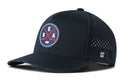 Introducing the Haka Hat Seattle Hockey Performance 5-Panel Hat | SEA X Flexfit Snapback—a dark navy cap featuring a round front logo with two crossed red bats and the letters S, E, and A. Designed by Haka Hat, this water-repellent hat includes side ventilation holes for enhanced breathability, an H logo near the brim, and a comfortable Flexfit sweatband inside.