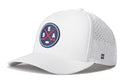The Haka Hat Seattle Hockey Performance 5-Panel Hat | SEA X Flexfit Snapback is a white hat featuring a round logo with two crossed red hockey sticks, the letters SEA, and a puck. Designed for comfort with a Flexfit sweatband, this water-repellent hat also has small ventilation holes on the side and a subtle Haka Hat “H” logo.