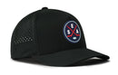 The Haka Hat Seattle Hockey Performance 5-Panel Hat | SEA X Flexfit Snapback is a black baseball cap featuring a circular logo with two crossed red hockey sticks, the letters S, E, and A, and a small puck. The side panels have ventilation holes for breathability, and the hat includes a Flexfit sweatband for added comfort.