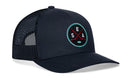 Introducing the Haka Hat Seattle Hockey Trucker Hat | SEA X Snapback—a black mesh trucker hat featuring a round patch on the front with two crossed hockey sticks, the letters S, E, A, and a small puck at the bottom. This signature 5.0 snapback from Haka Hat is perfect for fans eager to showcase their Seattle hockey pride in style.