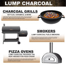 Infographic detailing how to use B&B Oak Lump Charcoal 20 lb. in grills, smokers, and pizza ovens, with illustrations and descriptions of the hardwood flavor this fuel provides for each application.