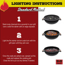 A three-step infographic showing B&B Oak Lump Charcoal 20 lb. being stacked in a grill, lit until glowing, and spread out across the grill base for cooking.