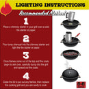 Four-step infographic demonstrating how to use a chimney starter to ignite B&B Oak Lump Charcoal 20 lb. for optimal grilling fuel.