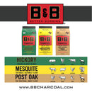 Three bags of hickory, mesquite, and B&B Oak Lump Charcoal 20 lb. displayed above a chart matching meat types with recommended hardwood flavor grilling fuel.