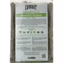 A clear plastic bag of Cowboy 20 Lb. Charcoal & Hickory Barbeque Pellets filled with dark brown wood pellets, featuring a label with usage tips and pairing suggestions for various meats and vegetables.