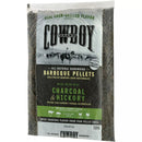 A clear plastic bag of Cowboy 20 Lb. Charcoal & Hickory Barbeque Pellets, featuring illustrations of a cowboy and various farm animals.
