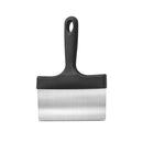 A Fox Run Brands Griddle Scraper featuring a stainless steel blade and a black handle with a hanging hole.