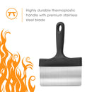A Fox Run Brands Griddle Scraper with a stainless steel blade and black thermoplastic handle, shown next to a graphic of orange flames.
