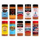 Ten clear plastic jars of DDR BBQ Supply Top 10 Store-Bought BBQ Rib Rubs Variety Pack arranged in two rows of five.