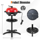 The DirectDeals 1350 W Outdoor Electric BBQ Grill with Removable Stand Easy to Install features a red lid, black removable stand, 38.5″ height, 24.5″ base, 16″ grill diameter; ETL listed for outdoor use.