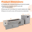 The DirectDeals 42 Inch 50 000 BTU Outdoor Rectangular Fire Table with Tank Holder has a removable front panel, lava rocks, and a matching cube tank holder. Dimensions and safety tips are shown in orange and black on cream.