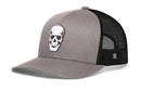 Haka Hat Skull Trucker Hat in gray with a black mesh back and a white skull graphic on the front panel.