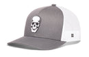Haka Hat Skull Trucker Hat in grey with a white mesh back and a white skull graphic on the front.