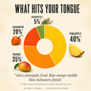 A pie chart displays the flavor profile of Elijah's Xtreme Pineapple-Mango Habanero Hot Sauce: Pineapple 40%, Mango 35%, Habanero 20%, and Aromatics 5%. Images of a pineapple slice, mango, habanero pepper, and fresh herbs encircle the chart. A flavor quote from Elijah's Xtreme is featured beneath.