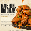Chicken wings are drizzled with Elijah’s Xtreme Pineapple-Mango Habanero Hot Sauce and finished with fresh herbs. The text spotlights the sauce’s tropical ingredients, including pineapple, mango, and habanero peppers. Labels note that this Elijah's Xtreme hot sauce is non-GMO, gluten-free, and vegan.