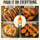 A bottle of Elijah’s Xtreme Pineapple-Mango Habanero Hot Sauce surrounded by fish tacos, chicken wings, avocado toast with eggs, and grilled shrimp—all drizzled with this fruity hot sauce—accompanied by the text “Pour It On Everything.”.