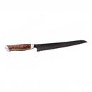 The Steelport Knife Co. 10" Bread Knife features a serrated dark blade and a polished wooden handle, displayed on a white background. Crafted in the USA by Steelport Knife Co., this kitchen knife merges precision with artisanal craftsmanship for effortless bread slicing.