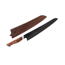 The Steelport Knife Co. 10" Slicing Knife features a long carbon steel blade with a dark finish, complemented by a wooden handle and an accompanying matching wooden sheath, shown separately above a white background.
