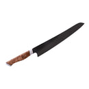 A large chef’s knife with a long, dark high carbon steel blade and a polished wooden handle is displayed on a white background—an ideal addition to the Steelport Knife Co. Full Kitchen Set or any American-made magnetic knife block from Steelport Knife Co.
