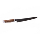 A Steelport Knife Co. 10" Slicing Knife featuring a sharp dark carbon steel blade and a textured brown wooden handle, isolated on a white background.