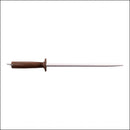 The Steelport Knife Co. 12" Oval Ceramic Honing Rod for Kitchen Knives features a long ceramic rod and a brown wooden handle, providing an effective sharpening solution for kitchen knives, isolated on a white background.
