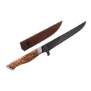 The Steelport Knife Co. 6" Boning Knife, featuring a long carbon steel blade with a dark finish and a patterned wooden handle, is displayed alongside its matching wooden sheath—an embodiment of precision meat cutting and expert craftsmanship, handcrafted in the USA by Steelport Knife Co.