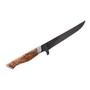 A meticulously crafted fillet knife from the Steelport Knife Co. Full Kitchen Set, featuring a long, narrow black blade forged from high carbon steel and a polished wooden handle with a natural wood grain pattern—an elegant, American-made addition to any kitchen collection by Steelport Knife Co., shown isolated on a white background.